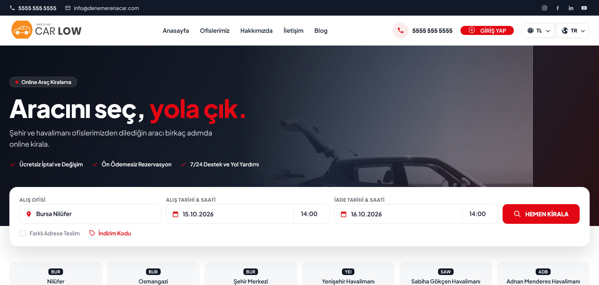 7. Örnek Site — araç kiralama web sitesi şablonu